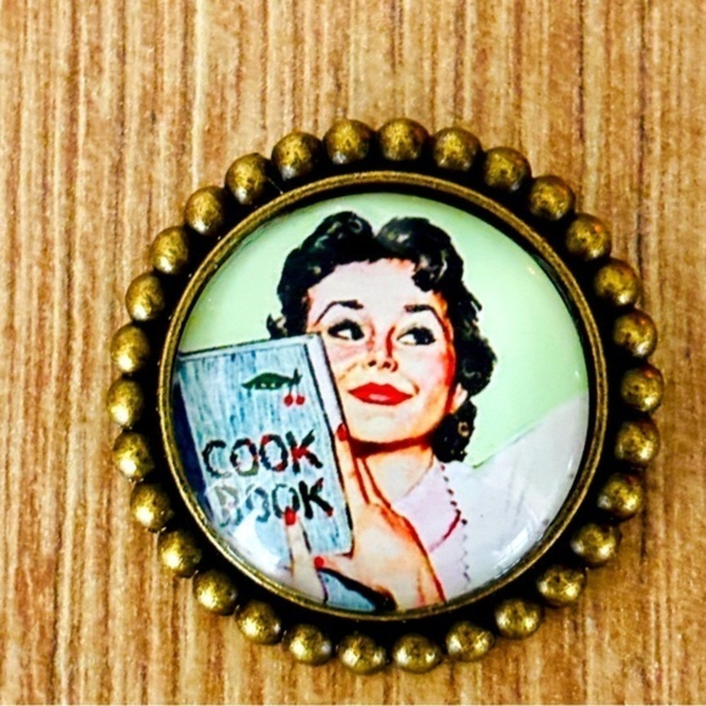 Cookbook Pinup Lady Retro Style Brooch, Handmade, Unworn, NWT